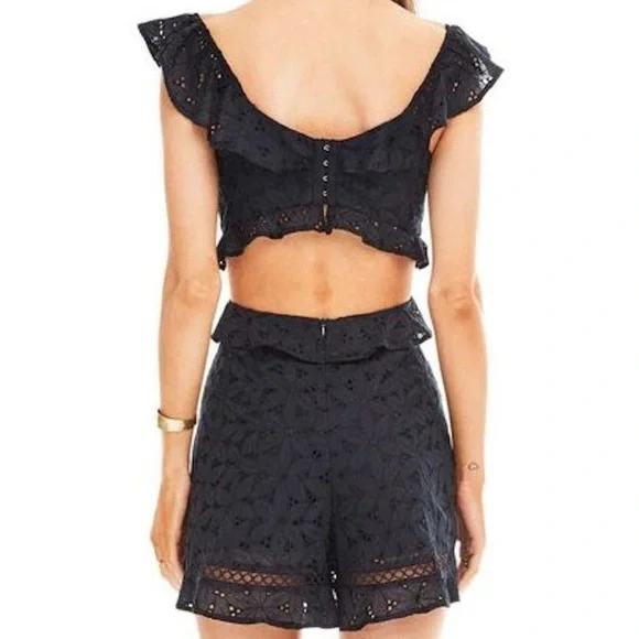 ASTR ALEXIS ROMPER Ruffle Cut Out Back Eyelet Floral Embroidery Dark Blue - Picture 5 of 16